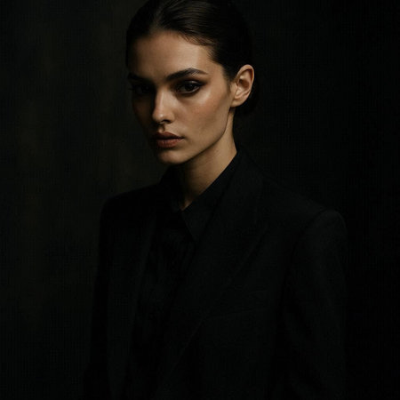 Portrait of a beautiful young woman in a black suit on a dark background