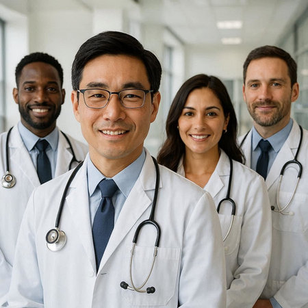 Portrait of a diverse group of doctors standing together in a hospitalの写真素材