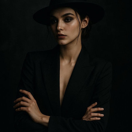 Portrait of a beautiful girl in a black suit and a hat