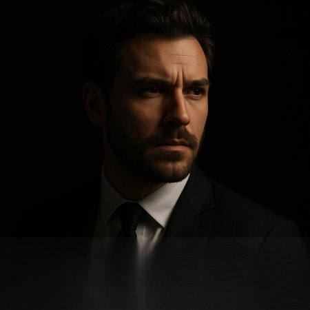 Portrait of a serious business man looking at camera over black background