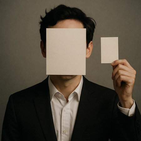Businessman hiding his face behind two blank business cards on grey background