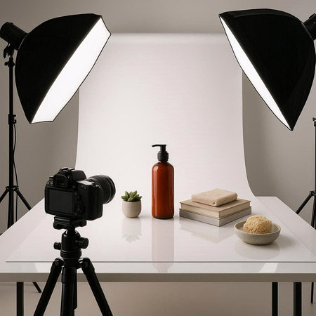 Cosmetic products on the table in the photo studio. 3d renderingの写真素材