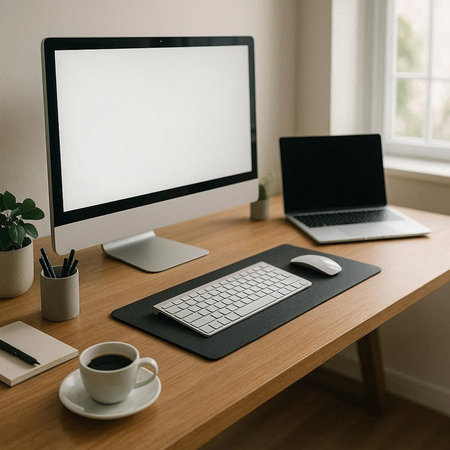 Workplace with computer, supplies and coffee cup on wooden table at homeの写真素材