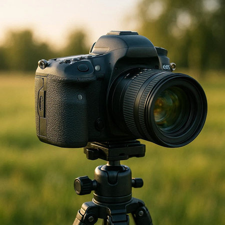 Digital SLR camera with lens on tripod in green meadow.