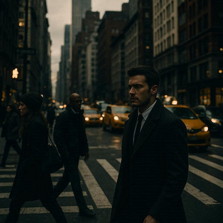 Businessman crossing a street in Manhattan, New York City, USA.