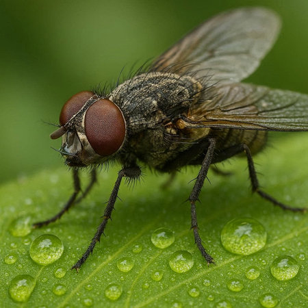 Close-up of a fly on a green leaf with water dropsの写真素材