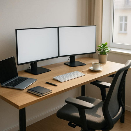 Modern office workplace with computer, laptop, tablet, coffee cup and other items on wooden table
