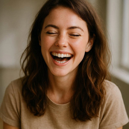 Close up portrait of a happy young woman laughing and looking at cameraの写真素材