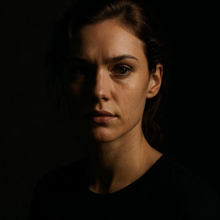 Portrait of a beautiful brunette woman in a dark room.の写真素材