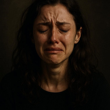 Portrait of a sad woman with tears on her face, dark background