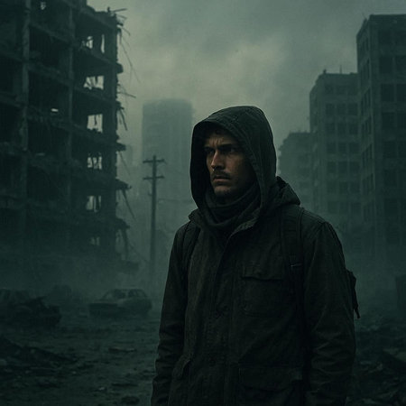 A man in a hood on the background of a destroyed building.