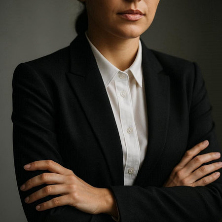 Businesswoman in black suit with crossed arms on dark background, closeup