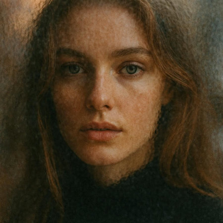 Close-up portrait of a red-haired girl in a black sweater.の写真素材