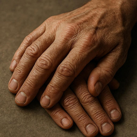 Hands of an elderly man on a dark background close-up