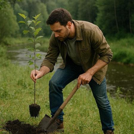 Farmer planting a tree in the forest. Handsome man planting a tree.の写真素材