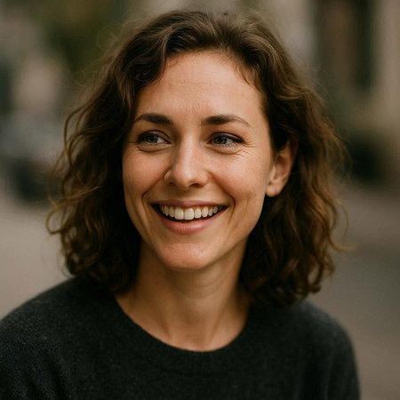 Portrait of a smiling middle-aged woman with curly hair.