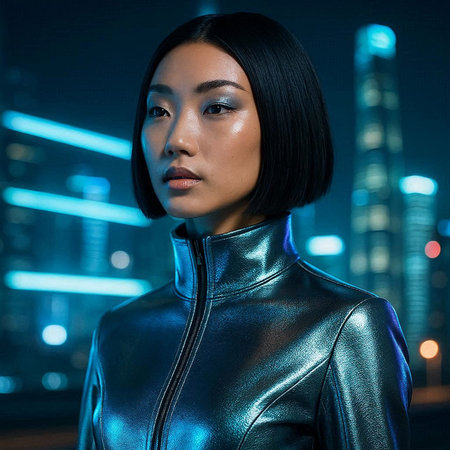 beautiful asian woman in black leather jacket looking away at night