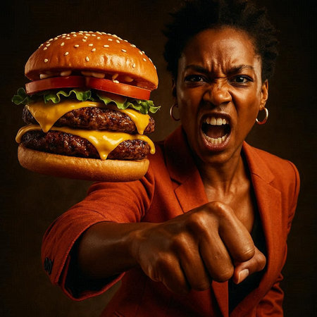 Angry african american woman with big hamburger on dark backgroundの写真素材