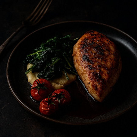 Grilled chicken breast with spinach and cherry tomatoes on black plate over dark background.の写真素材