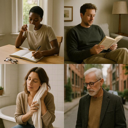 Collage of man and woman sitting at home and writing in notebook