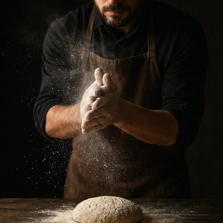 Chef sprinkling flour on dough over dark background, closeup