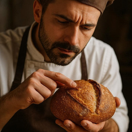 Close-up portrait of a male baker holding a freshly baked loaf of breadの写真素材