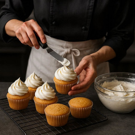 Female chef decorating cupcakes with cream cheese frosting, closeupの写真素材