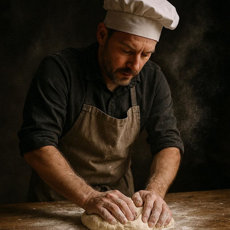 Close-up of the hands of a male chef who sprinkles chocolate on buns.