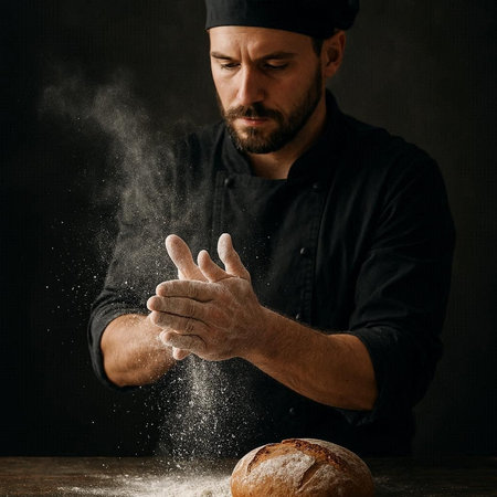 Chef sprinkling flour on a loaf of bread on dark background