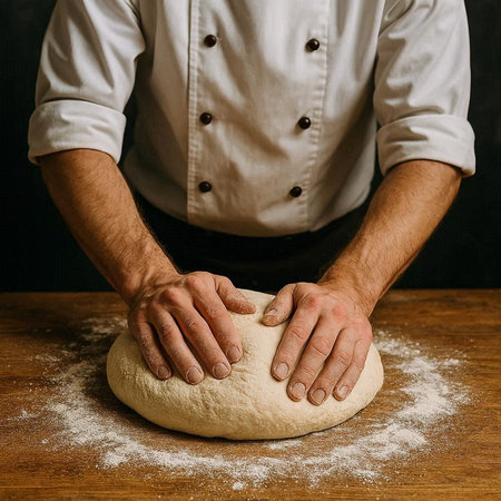 Male hands knead the dough on a wooden table in the kitchen