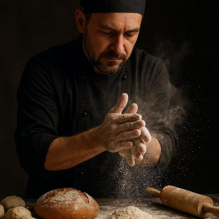 Male chef kneading dough with flour over dark background. Bakery concept