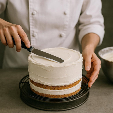 Female pastry chef decorating cake with white cream and chocolate, closeup