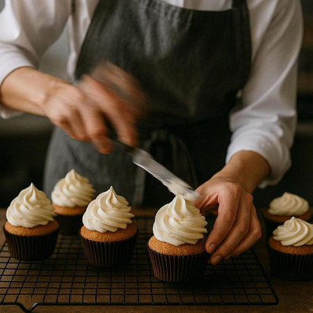 Close up of female chef preparing cupcakes with white buttercream frosting.の写真素材