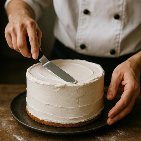Chef decorating cake with white cream and knife, closeup