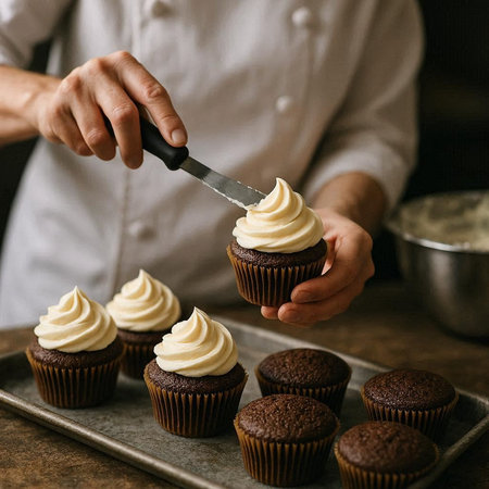 Chef decorating chocolate cupcakes with cream cheese frosting.