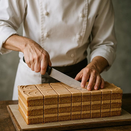 Chef cutting a piece of bread with a knife on a wooden boardの写真素材