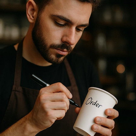 Handsome barista holding a cup of cappuccinoの写真素材
