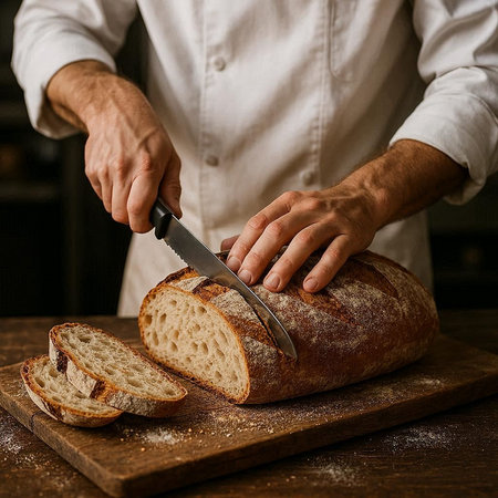 Close-up of the hands of a male baker cutting bread.