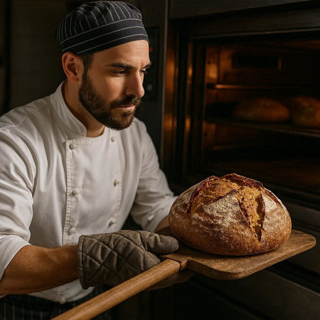 Baker holding a freshly baked loaf of bread in his bakery.
