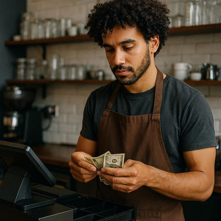 handsome african american barista counting money in coffee shop