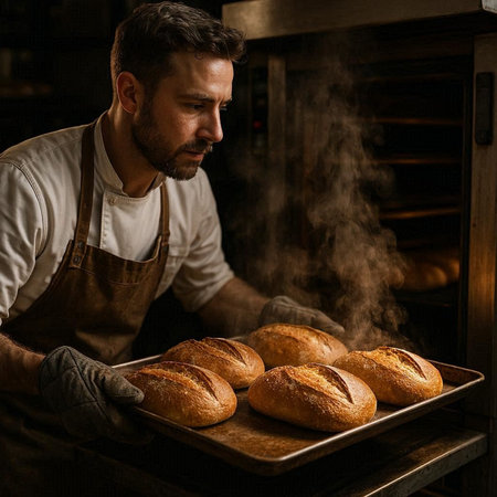 Portrait of a baker in apron holding baking tray with freshly baked bread