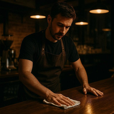 Handsome male barista cleaning the bar counter with a cloth.の写真素材