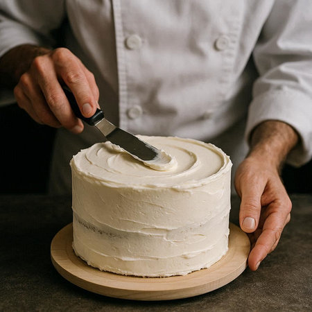 Chef decorating a wedding cake with white cream and a knife