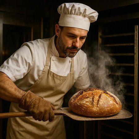 Baker holding a wooden spoon with freshly baked bread in his bakery