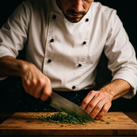 Chef cutting parsley on a wooden board in a restaurant kitchenの写真素材