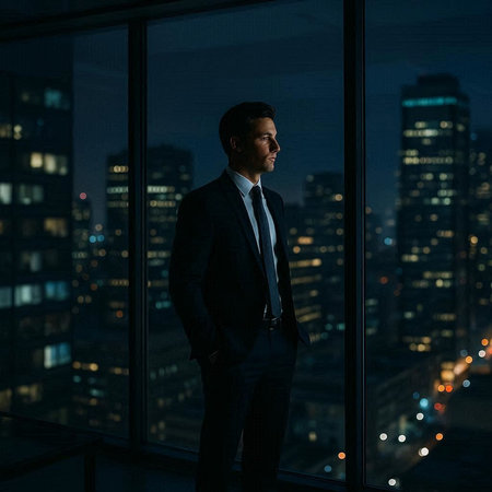 Portrait of a young businessman standing near the window at night.