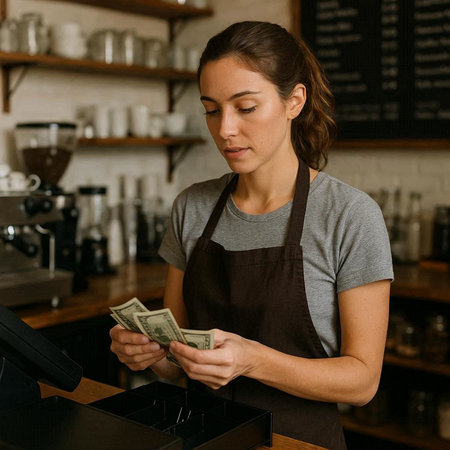 young female barista counting money in coffee shop, business and finance conceptの写真素材