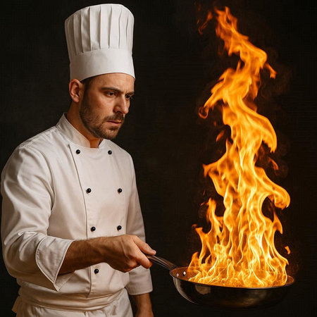 Portrait of a male chef holding a frying pan with fire flamesの写真素材