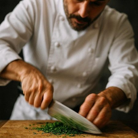 Chef cutting parsley on a wooden board in a restaurant kitchen
