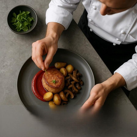 Chef decorating dish in restaurant kitchen, closeup. Food styling and restaurant meal serving...